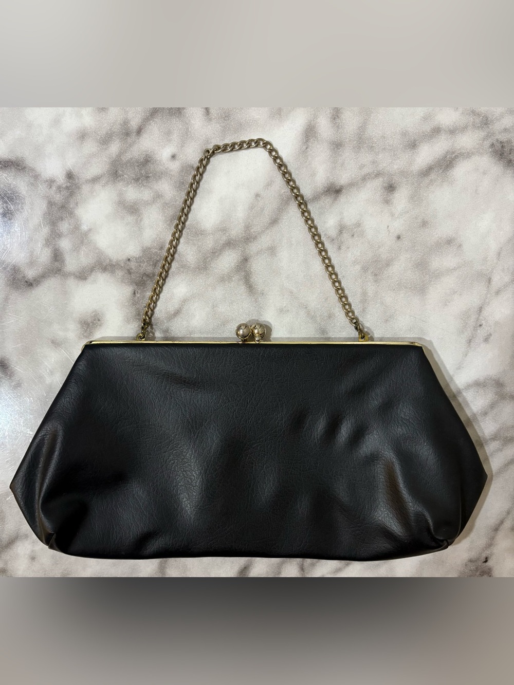 Vintage 1960s Harry Levine HL USA Black Vinyl Clutch Purse Gold Chain